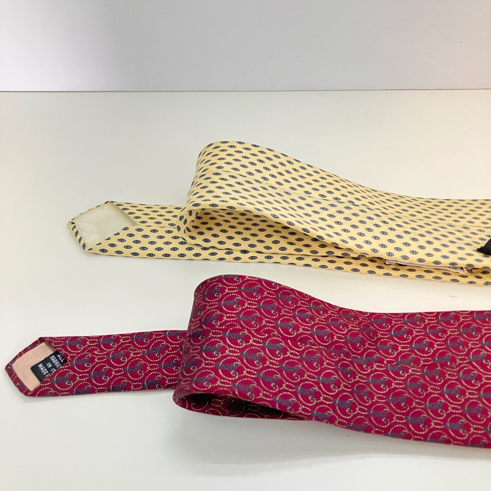 2 Christian Dior Men’s Pale Yellow and Maroon Patterned Ties Silk